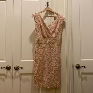 Tadashi Shoji embroidered lace v-neck dress with ribbon detail, size 8